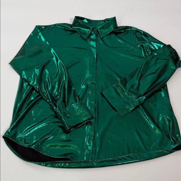 Anthropologie Gillian Liquid Shine Shirt Size L Long Sleeve Button Down Green - Picture 9 of 11